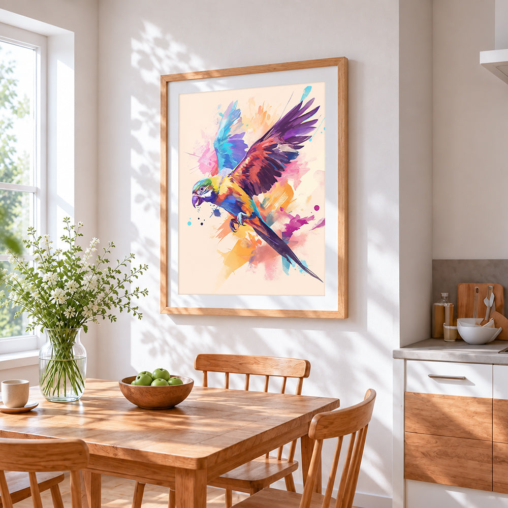 Watercolour macaw in flight cross stitch artwork displayed on wall as home decor