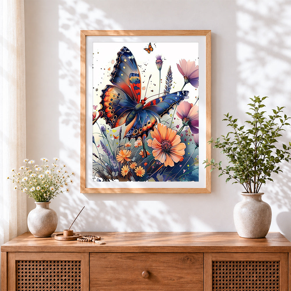 Finished watercolour Monarch Butterfly and Flowers cross stitch artwork displayed