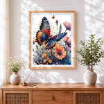 Finished watercolour monarch butterfly and flowers paint by numbers artwork displayed as home decor