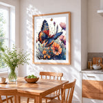 Watercolour monarch butterfly and flowers paint by numbers artwork displayed on wall as home decor