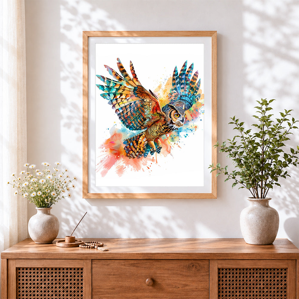 Finished watercolour owl in flight cross stitch artwork displayed