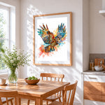 Watercolour owl in flight cross stitch artwork displayed on wall as home decor