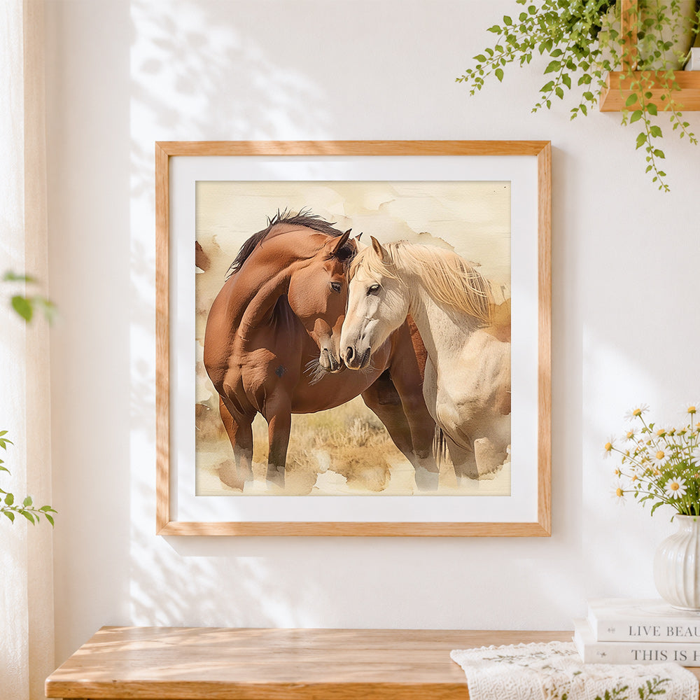 Finished watercolour pair of horses cross stitch artwork displayed
