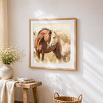 Watercolour pair of horses cross stitch artwork displayed on wall as home decor