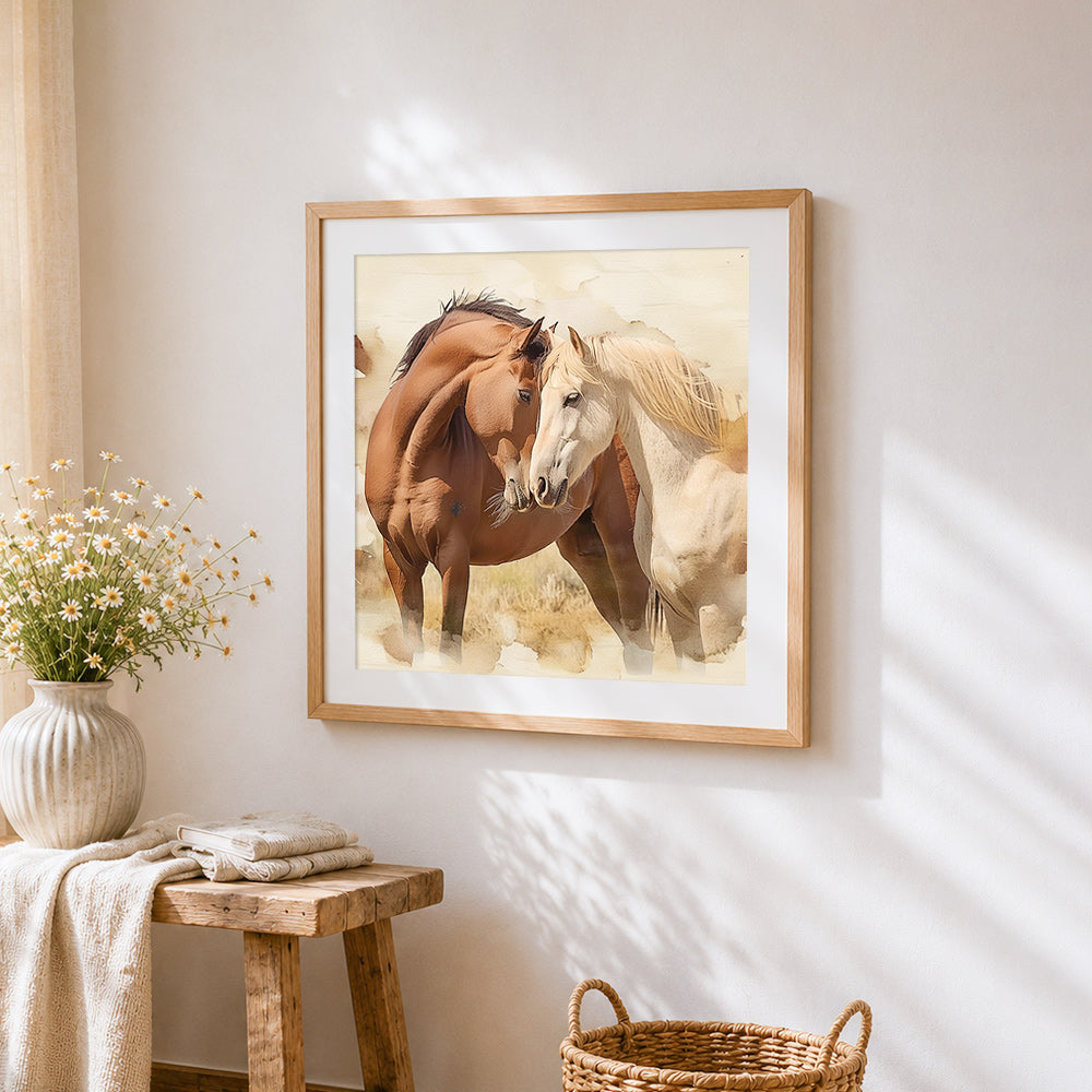 Watercolour pair of horses cross stitch artwork displayed on wall as home decor
