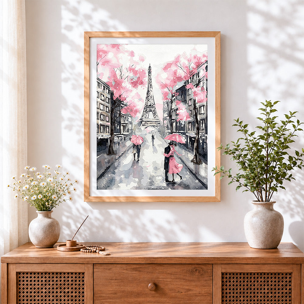 Finished watercolour paris in spring cross stitch artwork displayed
