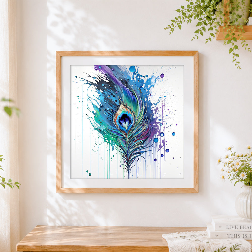 Finished watercolour peacock feather cross stitch artwork displayed