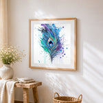 Watercolour peacock feather cross stitch artwork displayed on wall as home decor
