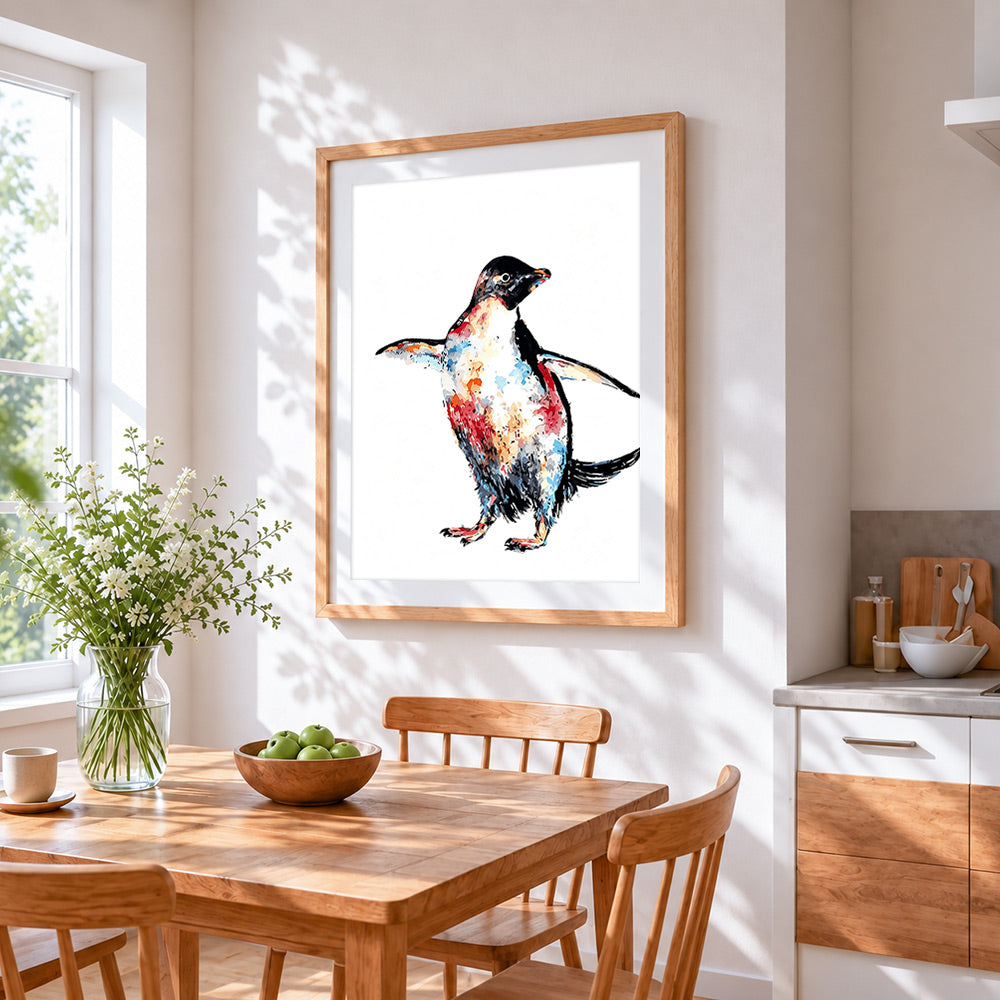 Watercolour penguin cross stitch artwork displayed on wall as home decor