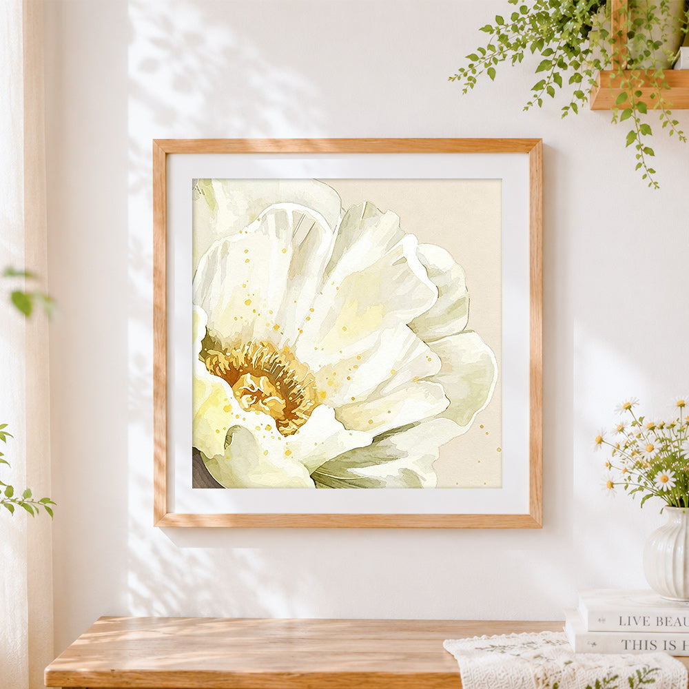 Finished watercolour peony in cream cross stitch artwork displayed