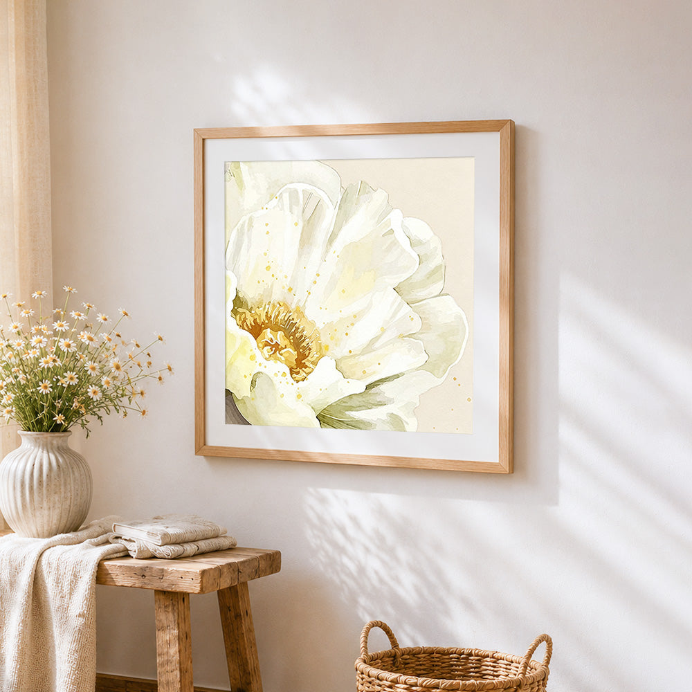 Watercolour peony in cream cross stitch artwork displayed on wall as home decor