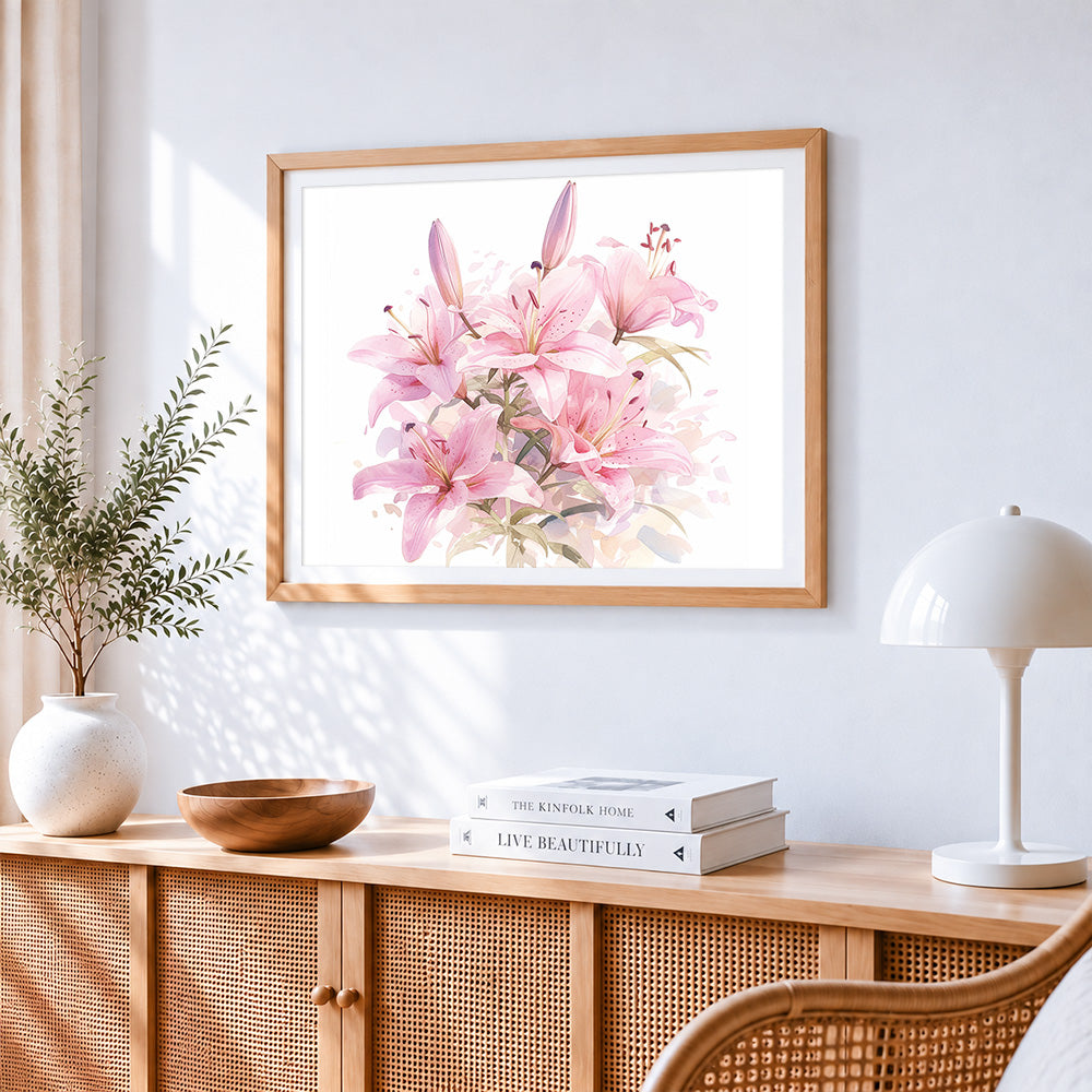 Watercolour pink lilies cross stitch artwork displayed on wall as home decor