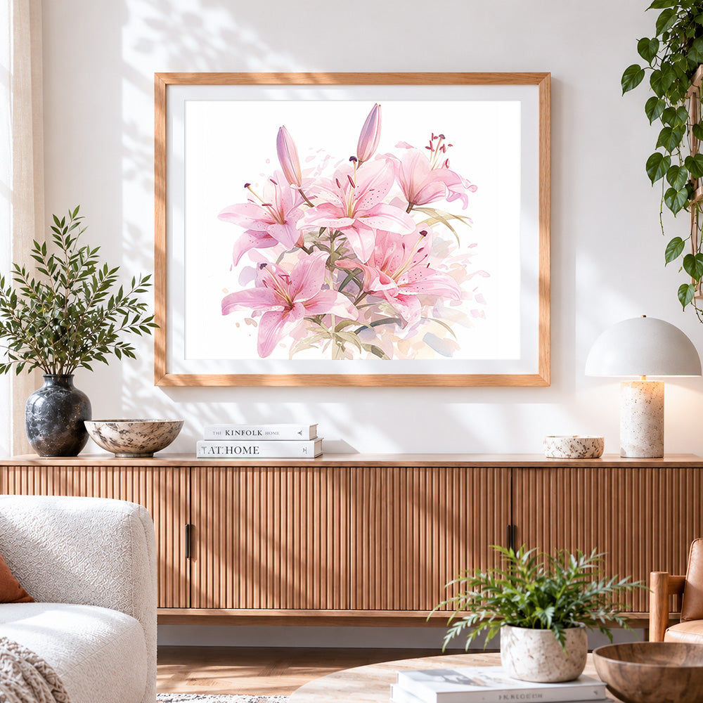 Finished watercolour pink lilies paint by numbers artwork displayed as home decor