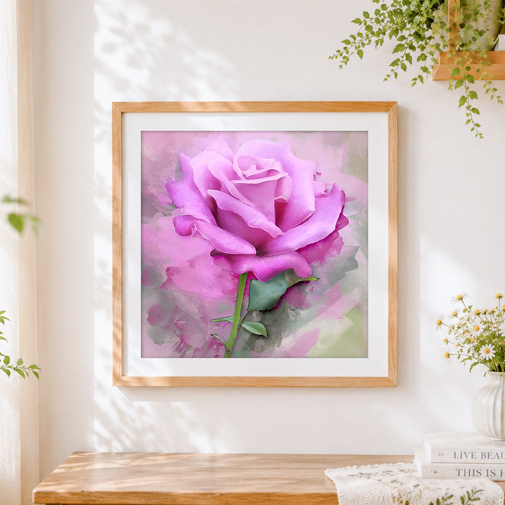 Finished watercolour pink rose cross stitch artwork displayed