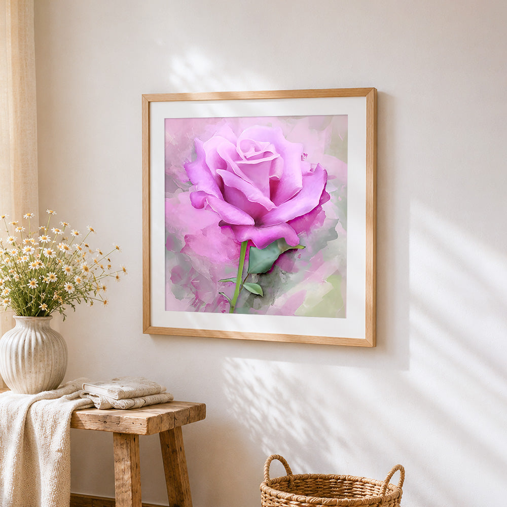 Watercolour pink rose cross stitch artwork displayed on wall as home decor