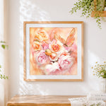 Finished watercolour pink roses and butterfly cross stitch artwork displayed
