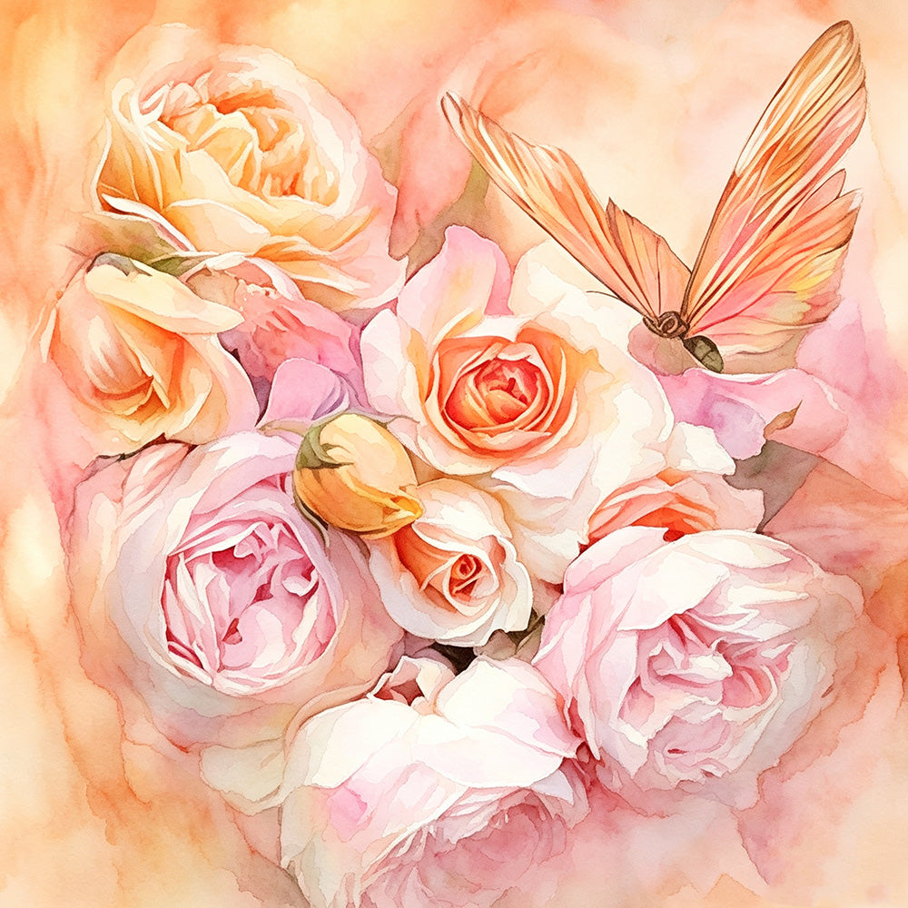 Watercolour pink roses and butterfly cross stitch kit for beginners