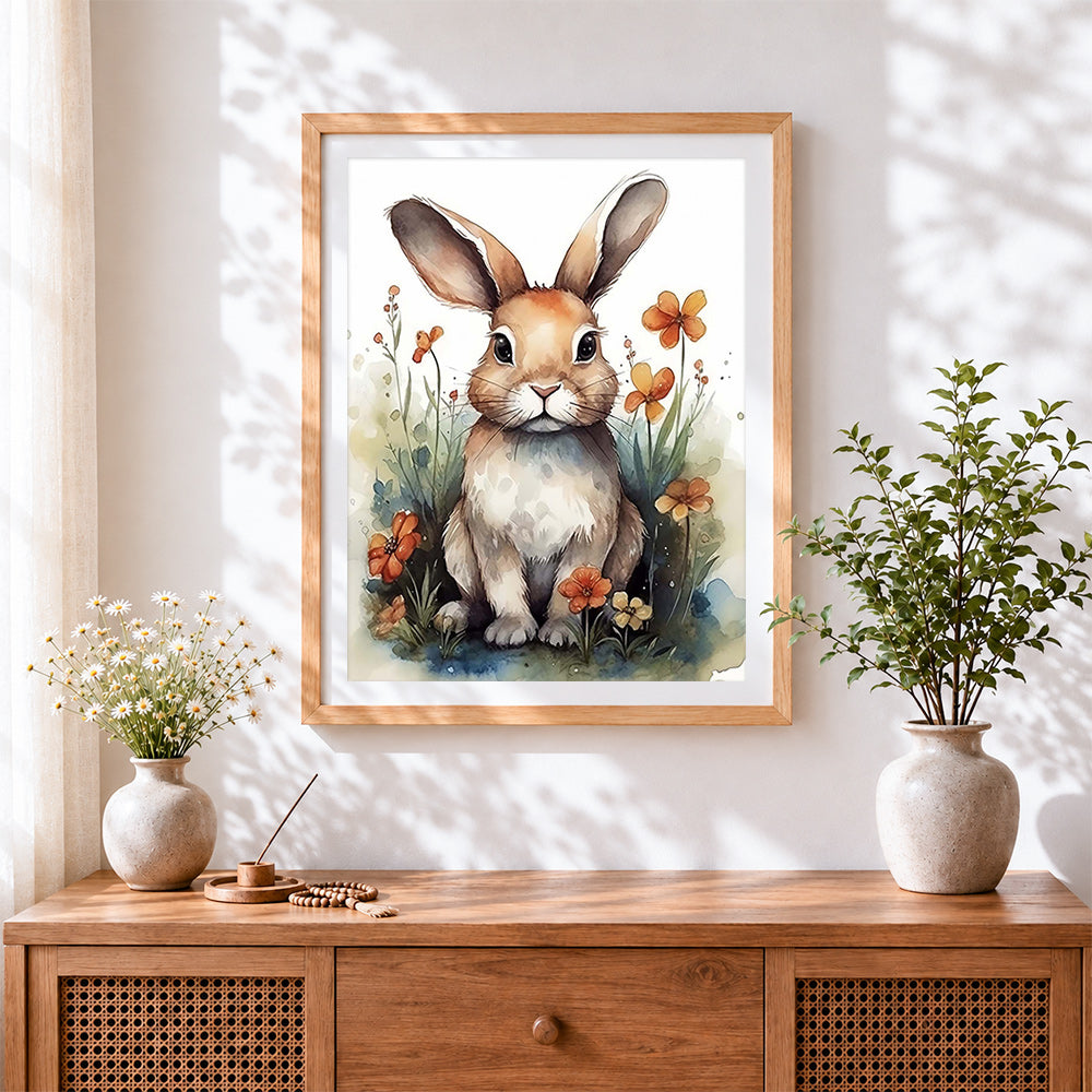 Finished watercolour rabbit in a wildflower meadow cross stitch artwork displayed