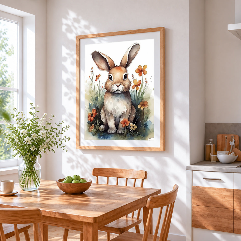 Watercolour rabbit in a wildflower meadow cross stitch artwork displayed on wall as home decor
