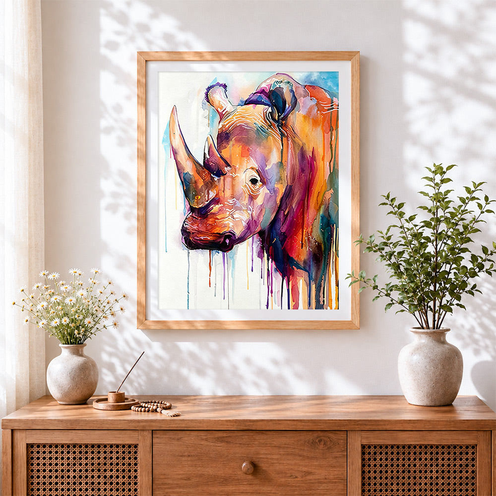 Finished watercolour rhino cross stitch artwork displayed