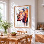 Watercolour rhino cross stitch artwork displayed on wall as home decor