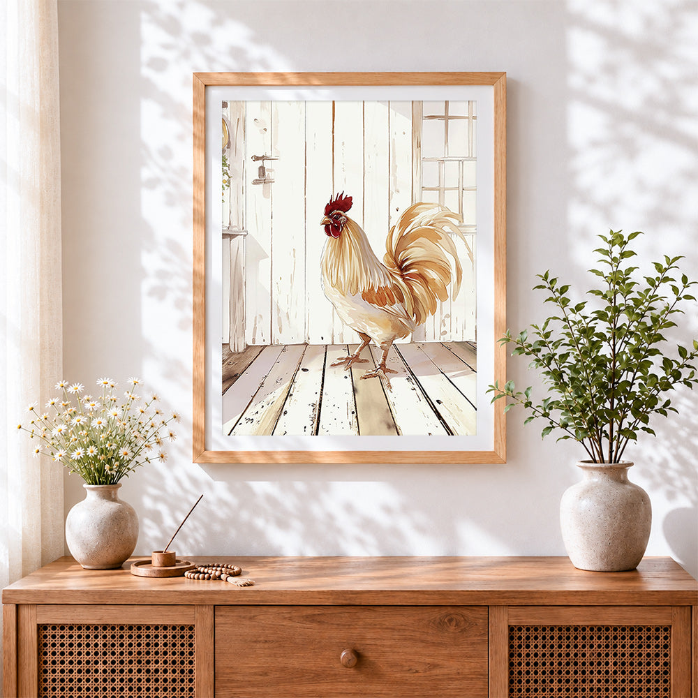 Finished watercolour rooster by white door cross stitch artwork displayed