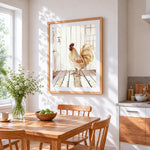 Watercolour rooster by white door cross stitch artwork displayed on wall as home decor