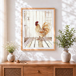 Finished watercolour rooster by white door paint by numbers artwork displayed as home decor