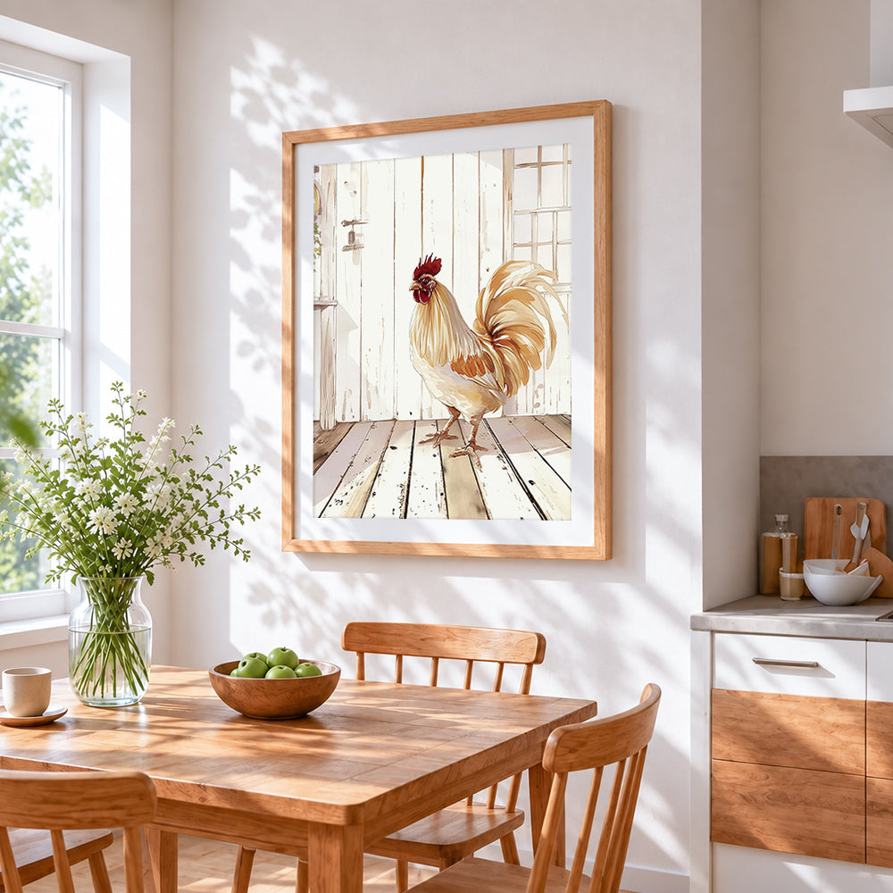 Watercolour rooster by white door paint by numbers artwork displayed on wall as home decor