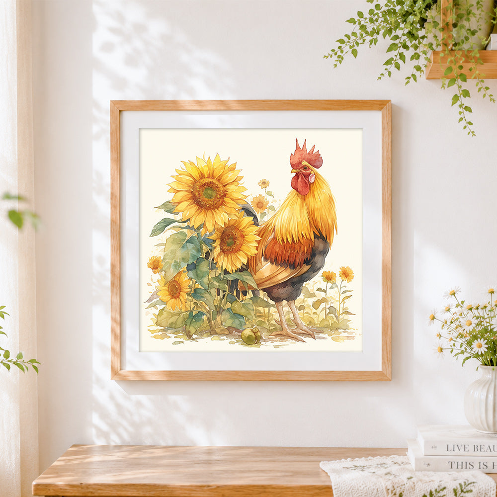 Finished watercolour rooster with sunflowers cross stitch artwork displayed
