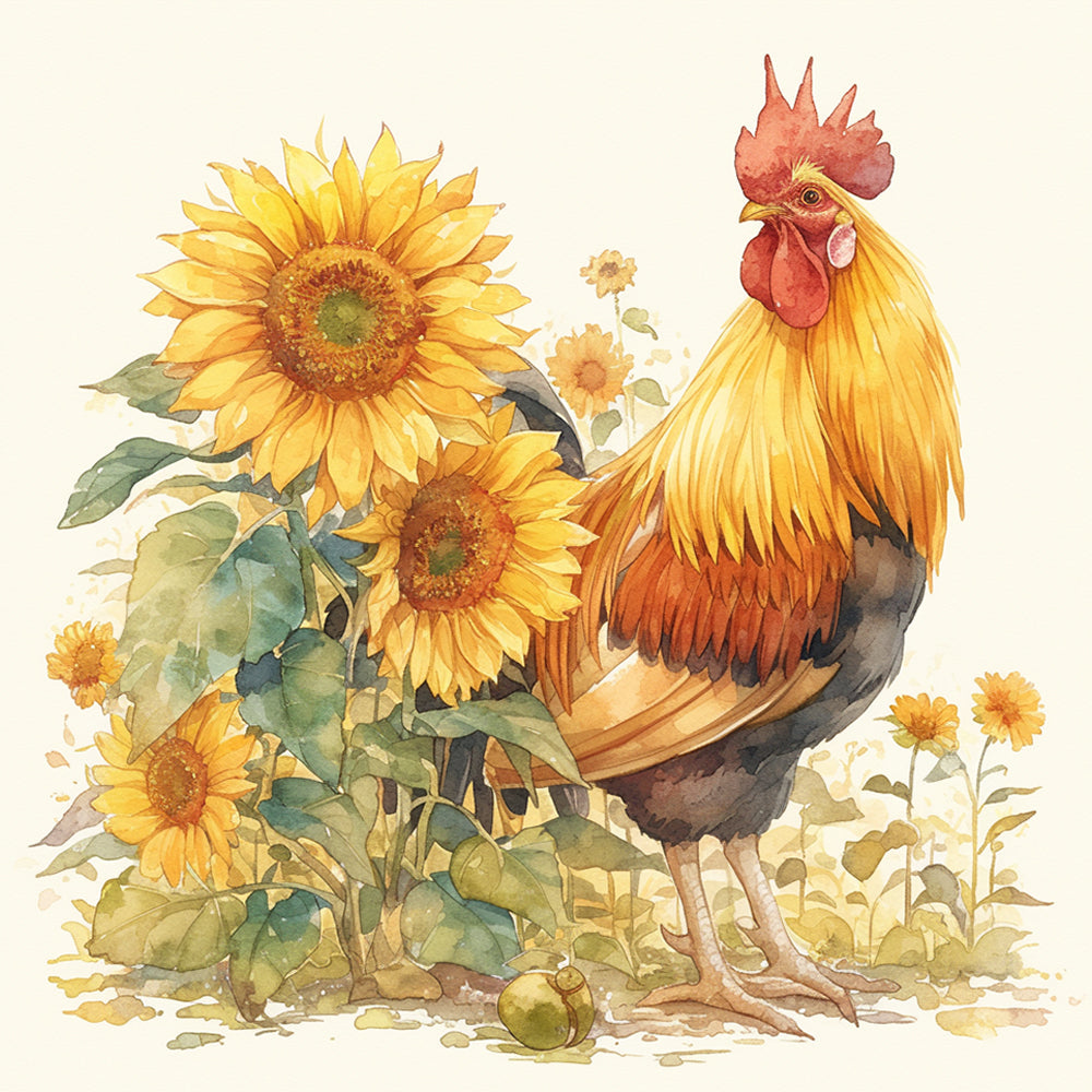 Watercolour rooster with sunflowers cross stitch kit for beginners
