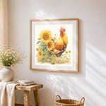 Watercolour rooster with sunflowers cross stitch artwork displayed on wall as home decor