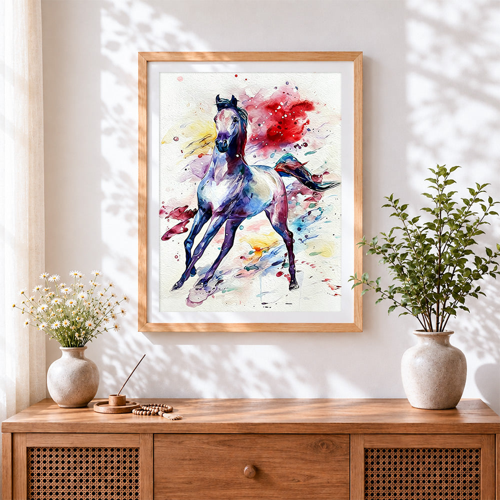 Finished watercolour running horse cross stitch artwork displayed
