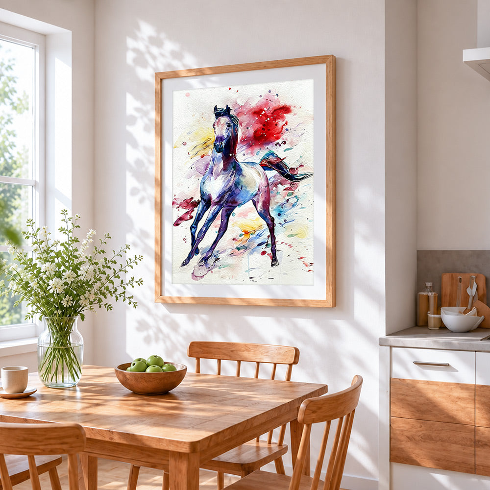 Watercolour running horse cross stitch artwork displayed on wall as home decor
