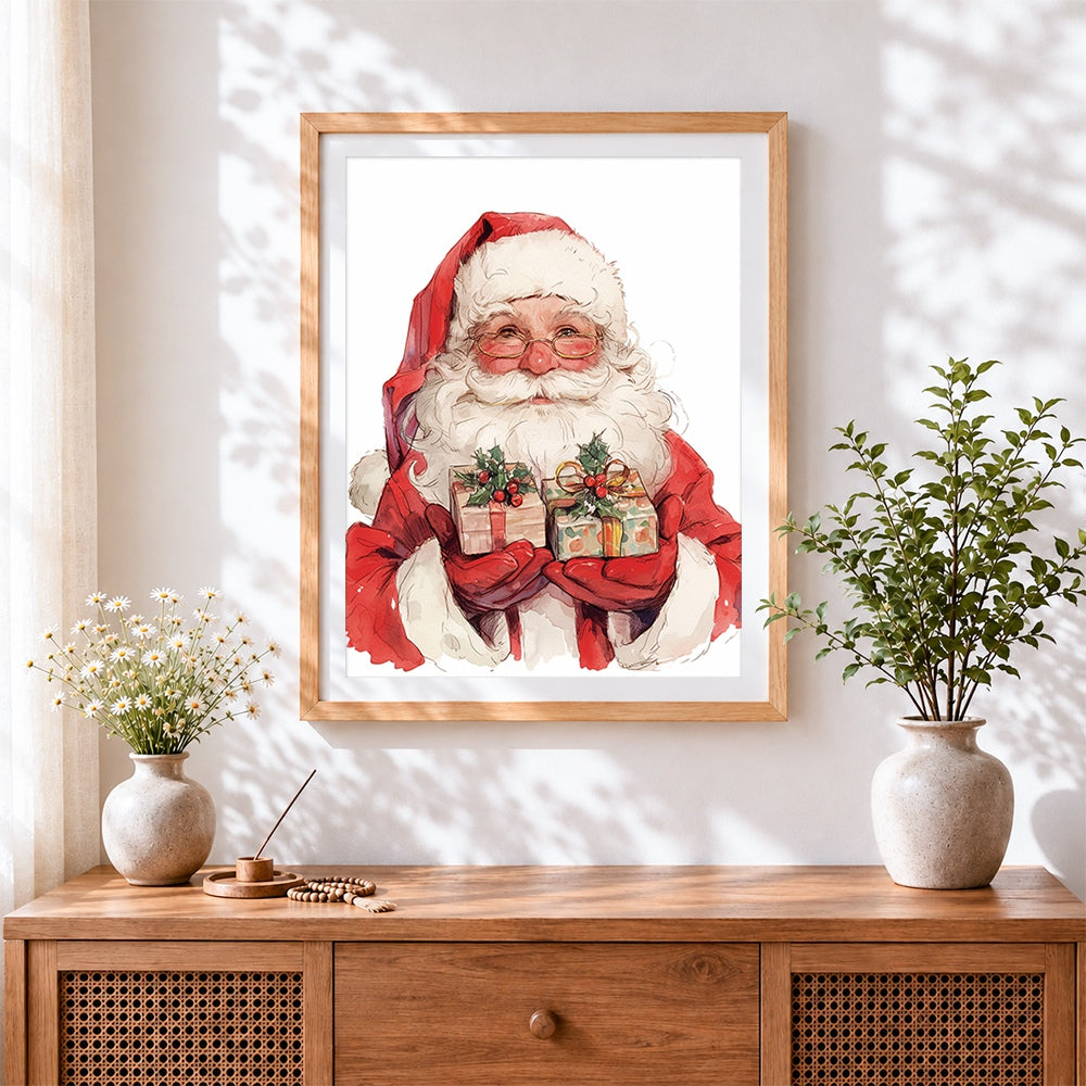 Finished watercolour santa with gifts cross stitch artwork displayed