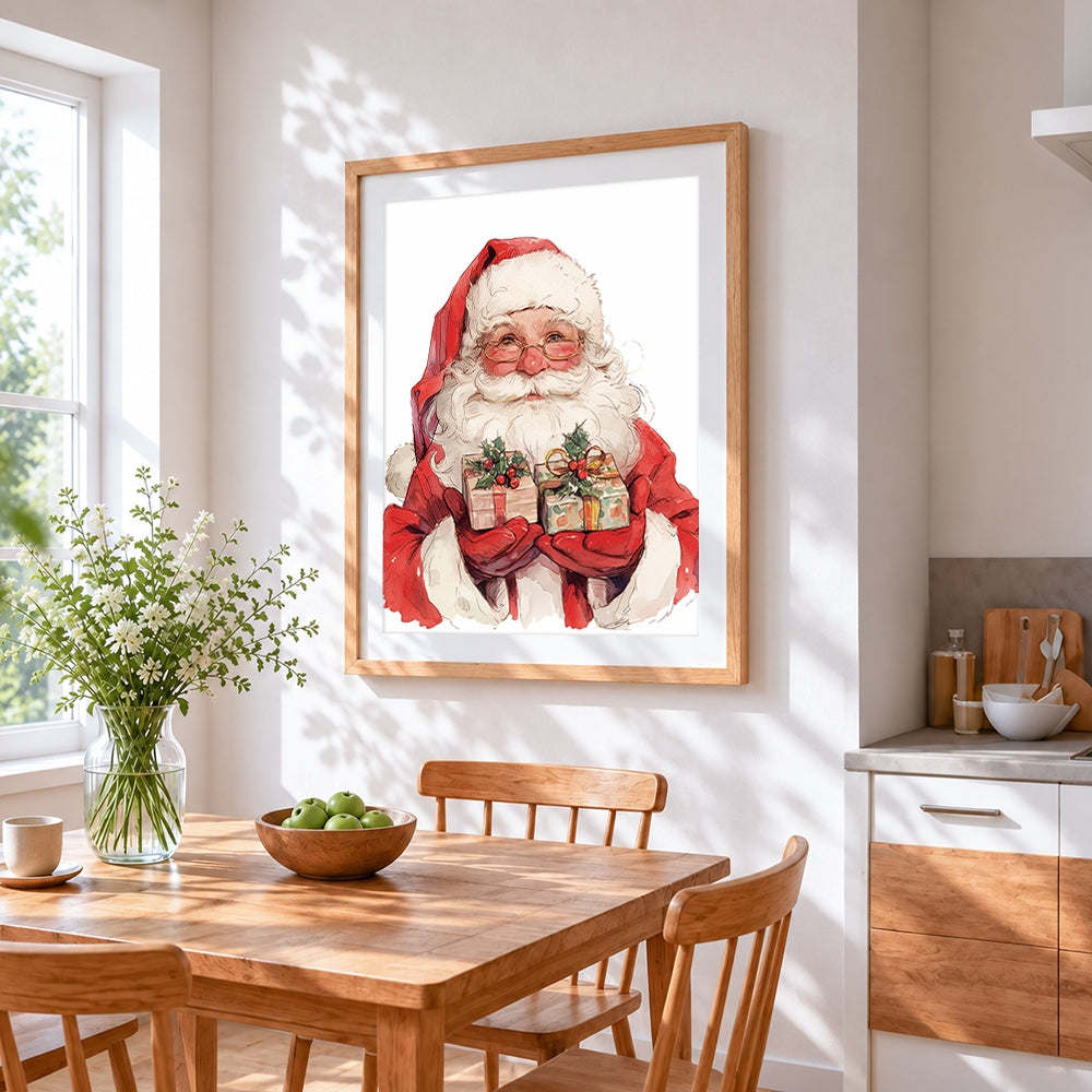 Watercolour santa with gifts cross stitch artwork displayed on wall as home decor