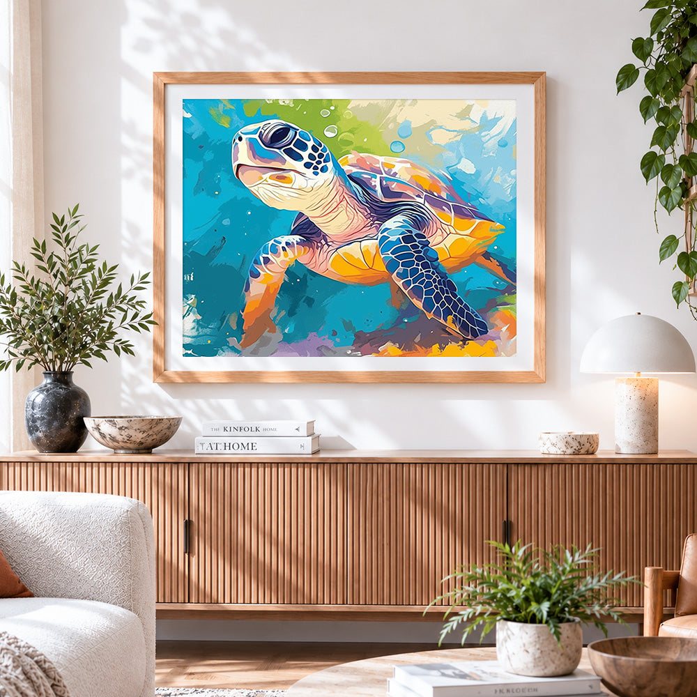 Finished watercolour sea turtle portrait cross stitch artwork displayed
