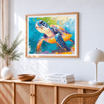 Watercolour sea turtle portrait cross stitch artwork displayed on wall as home decor