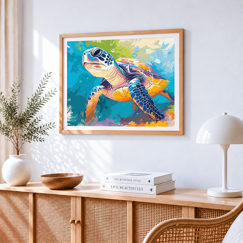 Watercolour sea turtle portrait paint by numbers artwork displayed on wall as home decor