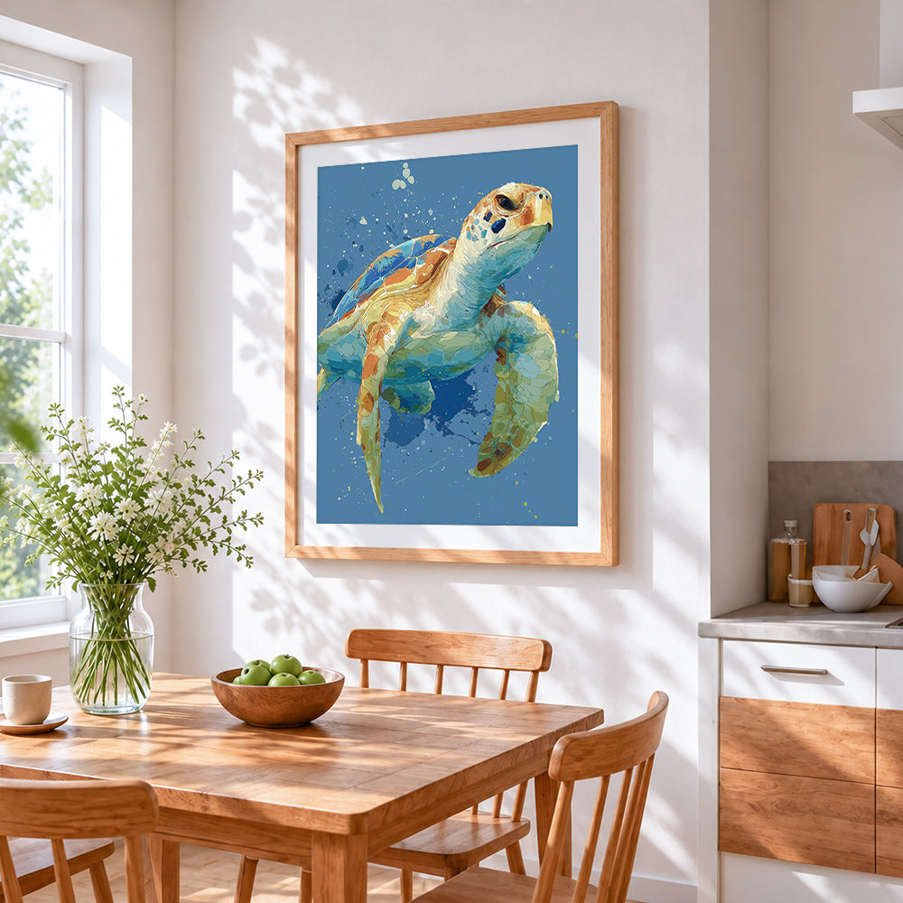 Watercolour sea turtle splatter cross stitch artwork displayed on wall as home decor