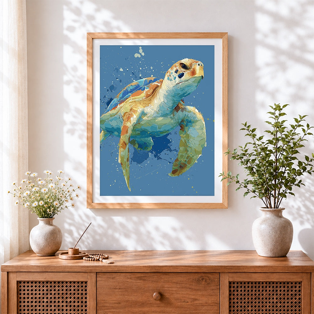 Finished watercolour sea turtle splatter paint by numbers artwork displayed as home decor