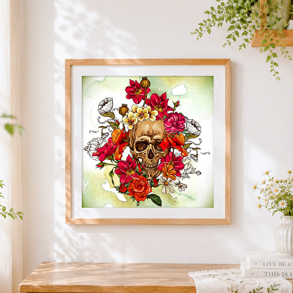 Finished watercolour skull with vibrant flowers cross stitch artwork displayed