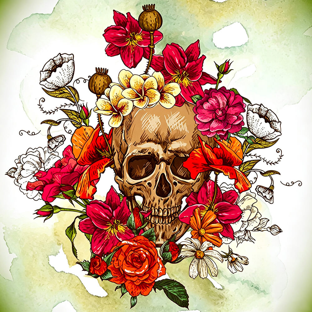 Watercolour skull with vibrant flowers cross stitch kit for beginners