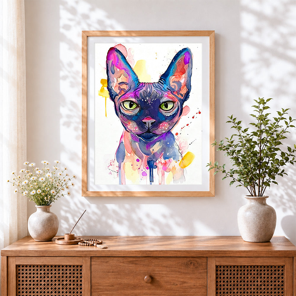 Finished watercolour sphynx cat cross stitch artwork displayed