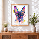 Finished watercolour sphynx cat cross stitch artwork displayed