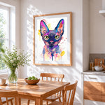 Watercolour sphynx cat cross stitch artwork displayed on wall as home decor