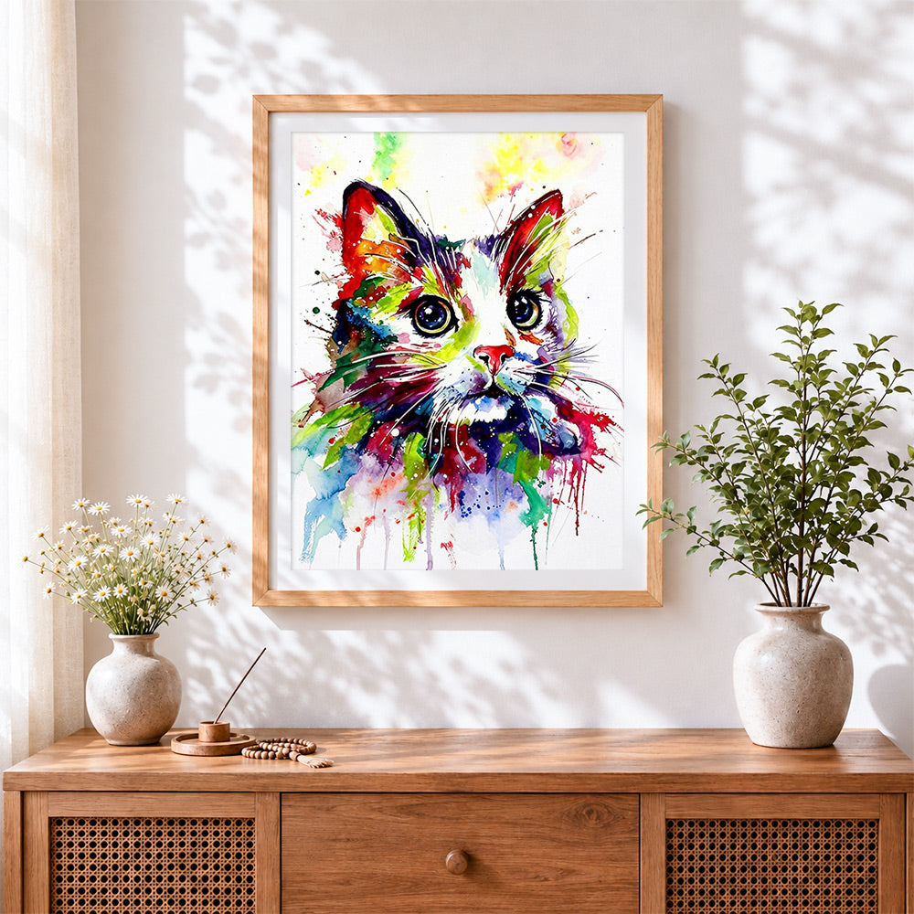 Finished watercolour splash cat cross stitch artwork displayed