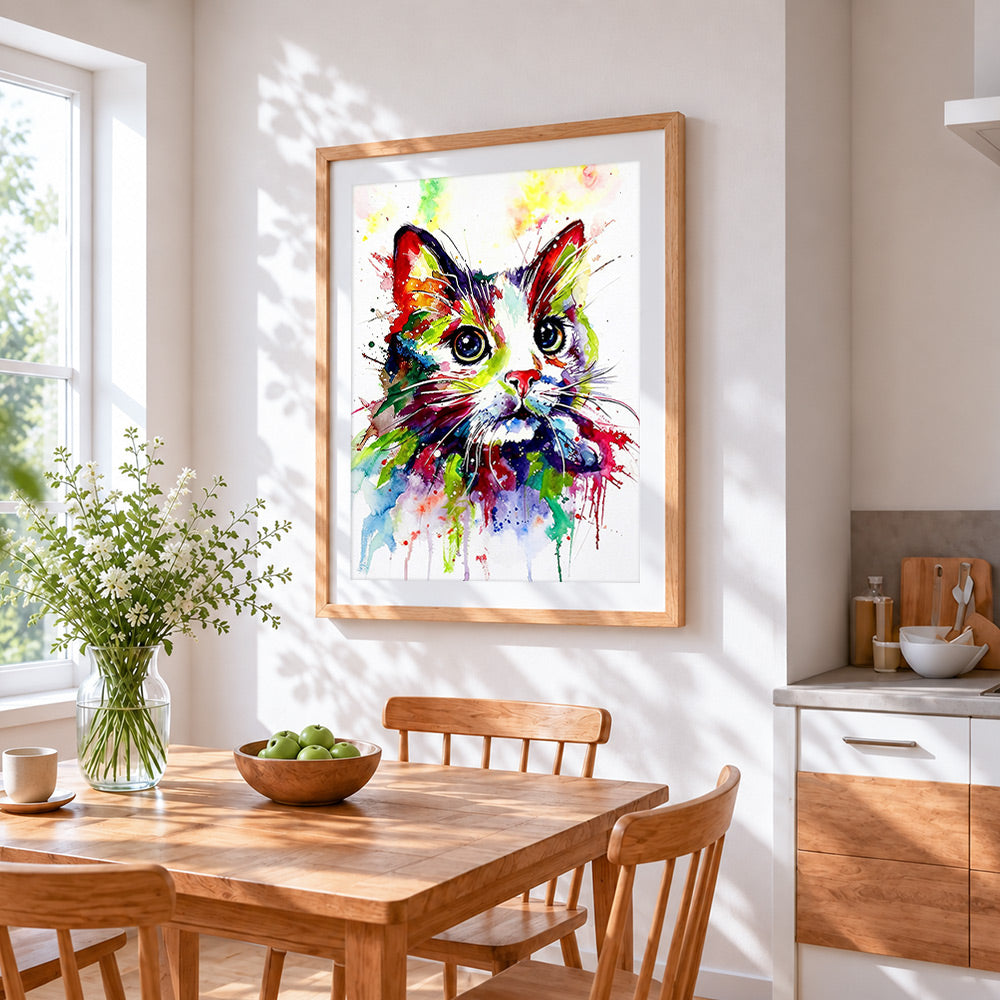 Watercolour splash cat cross stitch artwork displayed on wall as home decor