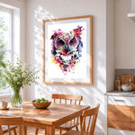 Watercolour splash owl cross stitch artwork displayed on wall as home decor