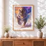 Finished watercolour splash tiger cross stitch artwork displayed